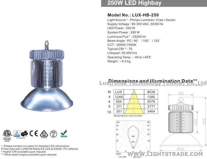 TUV CE Certificated 250W LED High Bay Lighting