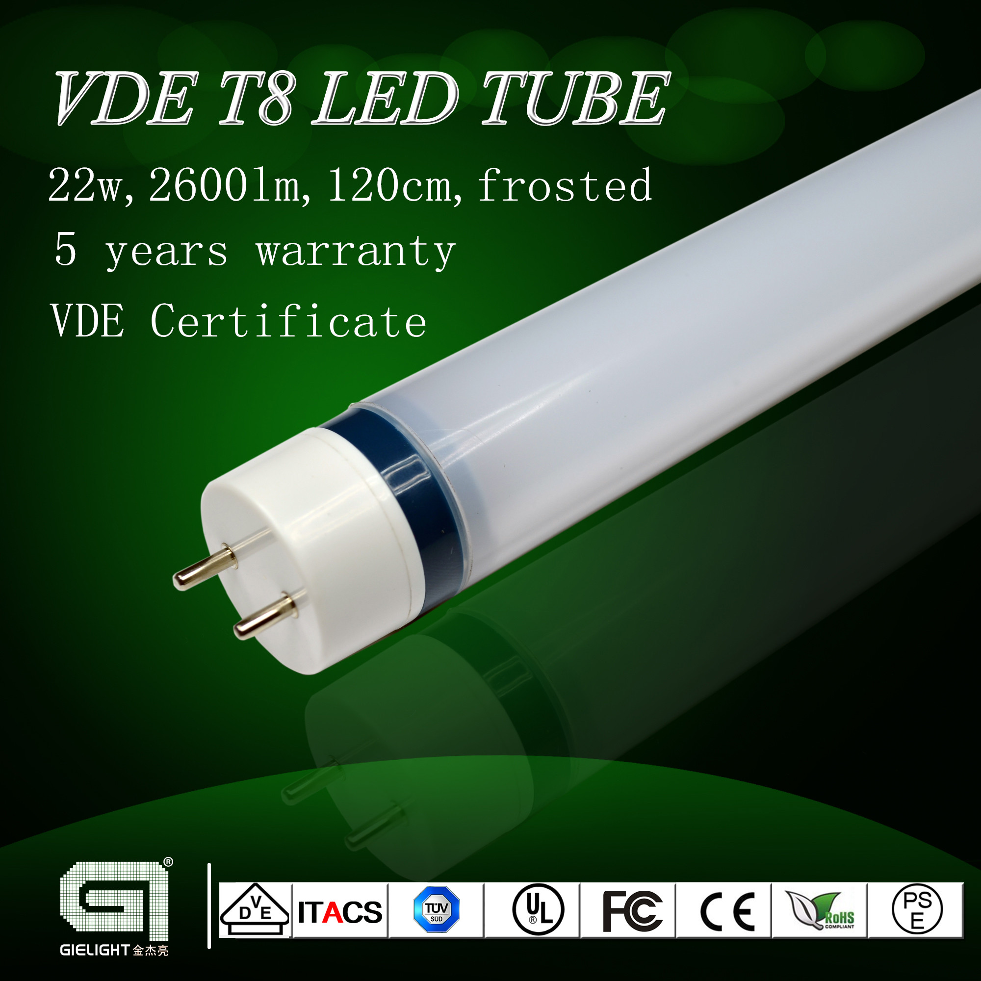6mm Diameter 1200mm 110lm/w VDEled tube T8 5 years warranty