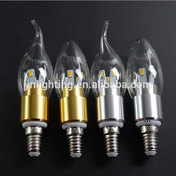 Hot new design golden&sliver e14 clear led candle light bulbs