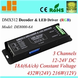 DMX controller, DMX RGB driver, DMX512 driver, 3channels/12V-24VDC/18A/432W pn:DE8000-6A