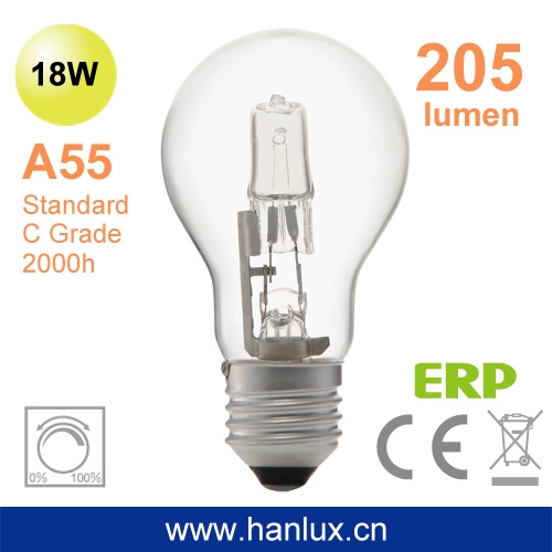 A55 18W 205lm C Grade halogen bulb E27 dimmable 2000h CE ROHS ERP
