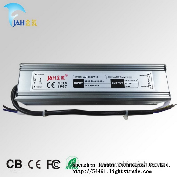 60W 12V 5A Constant Voltage JAH Waterproof LED power supply for LED light use with CE RoHS