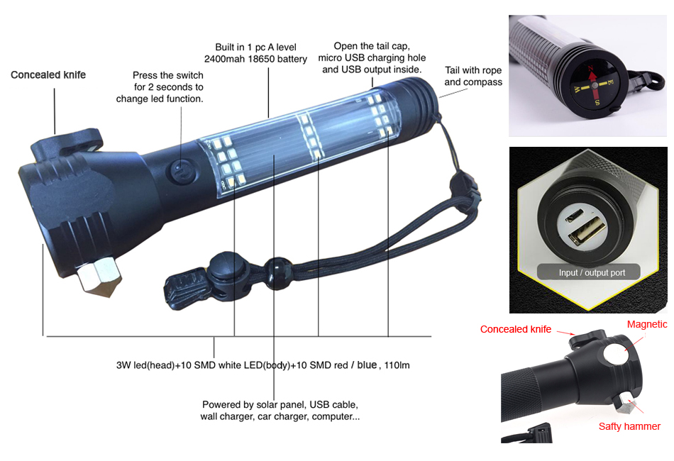 functional waterproof solar led torch light