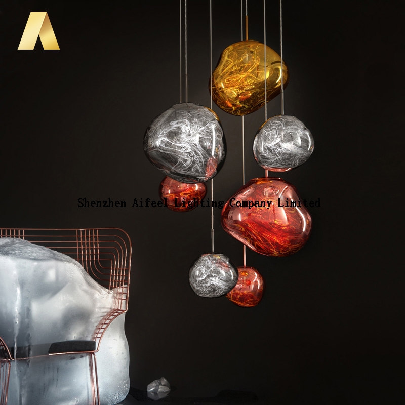 New style modern blow color glass irregularity ball shape gold metal holder pendant light for coffee