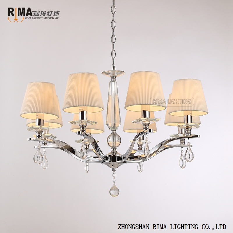 Rima Lighting Hot Sale Classic Deluxe Modern Chandeliers with Fabric Lampshade and Crystal Decor