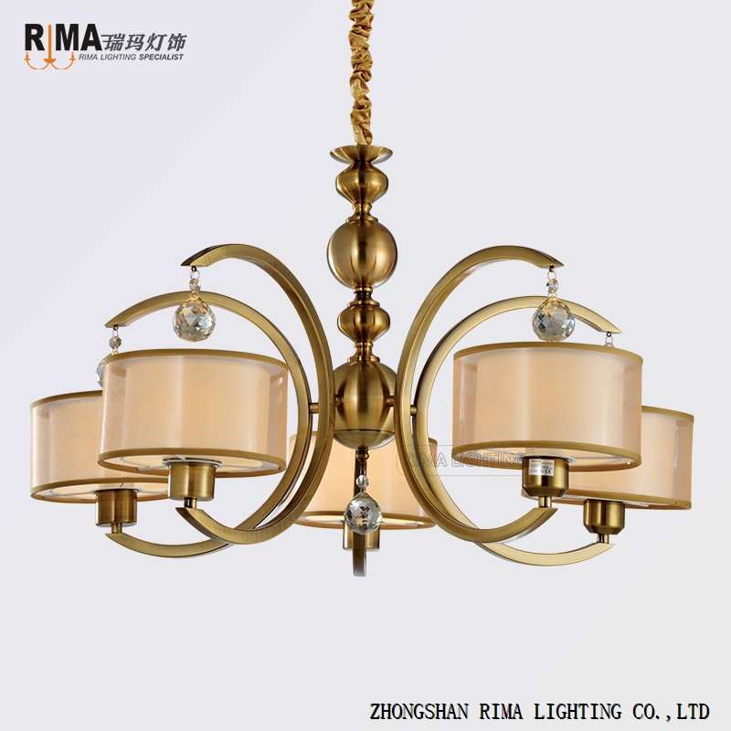 Rima Lighting Hot Sale Classic Chandelier Lamp with Fabric Lampshade and Crystal Decoration for Home