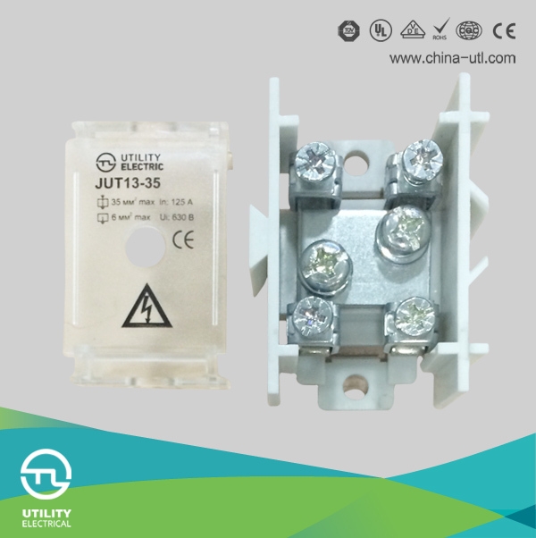 One-in four-out high current screw terminal blocks 35mm2 din rail distributor blocks