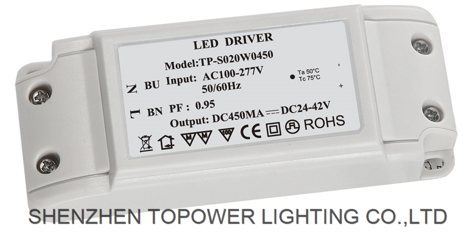 20W width voltage external led driver wth plastic housing 450mA with input AC100-277V and CE