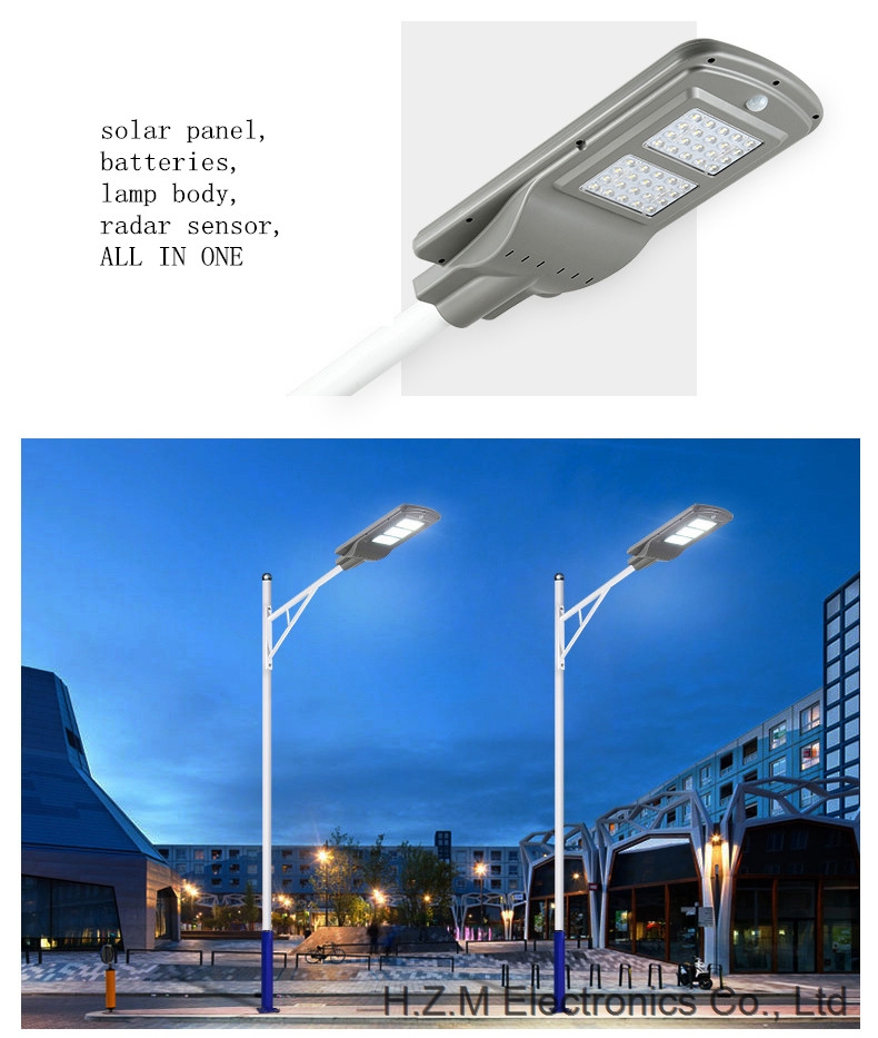 IP66 40w all in one solar PIR sensor light with human body induction + hole + remote