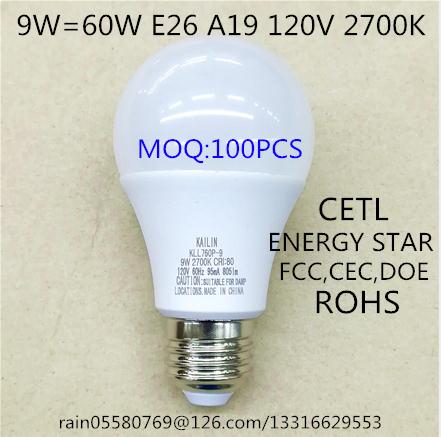 KLL760P-9 A19 E26 LED Bulb 110-130v CEC DOE ES FCC for table light floor lamp