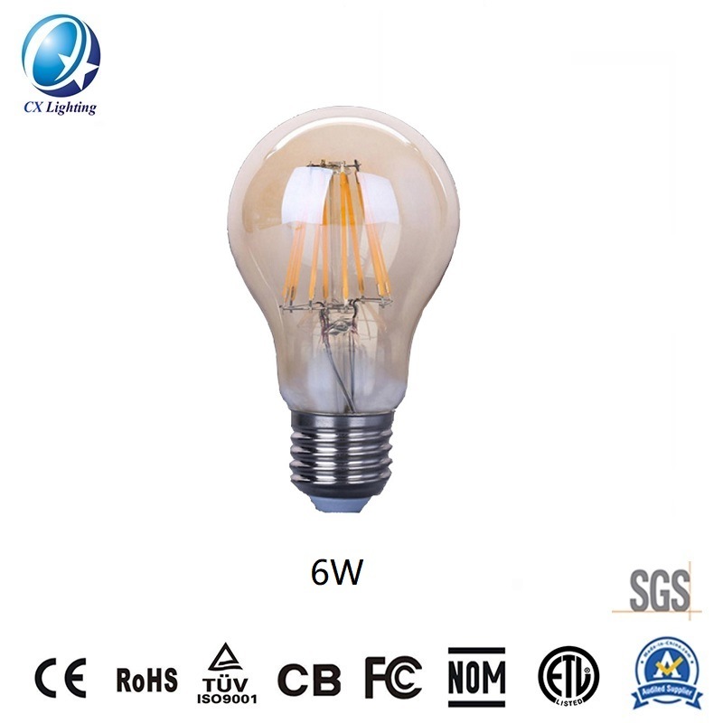 LED Filament Bulb A60 6W E27 B22 480lm Equal 40W Amber with Ce RoHS EMC LVD