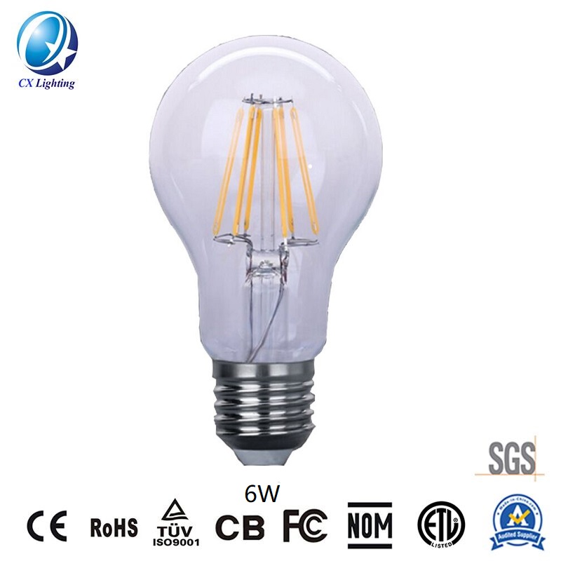 LED Filament Bulb A60 6W E27 B22 480lm Equal 40W Clear with Ce RoHS EMC LVD