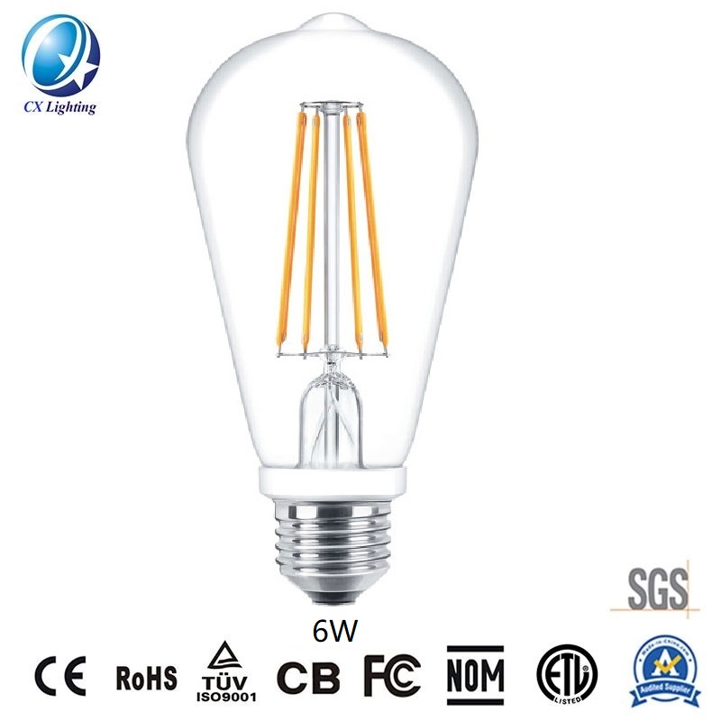 LED Filament Bulb St64 6W E27 B22 960lm Equal 100W Clear with Ce RoHS EMC LVD