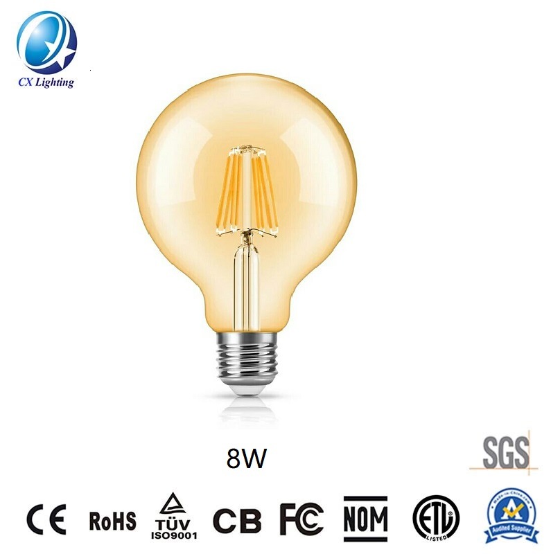LED Filament Bulb G95 8W E27 B22 960lm Equal 100W Amber with Ce RoHS EMC LVD