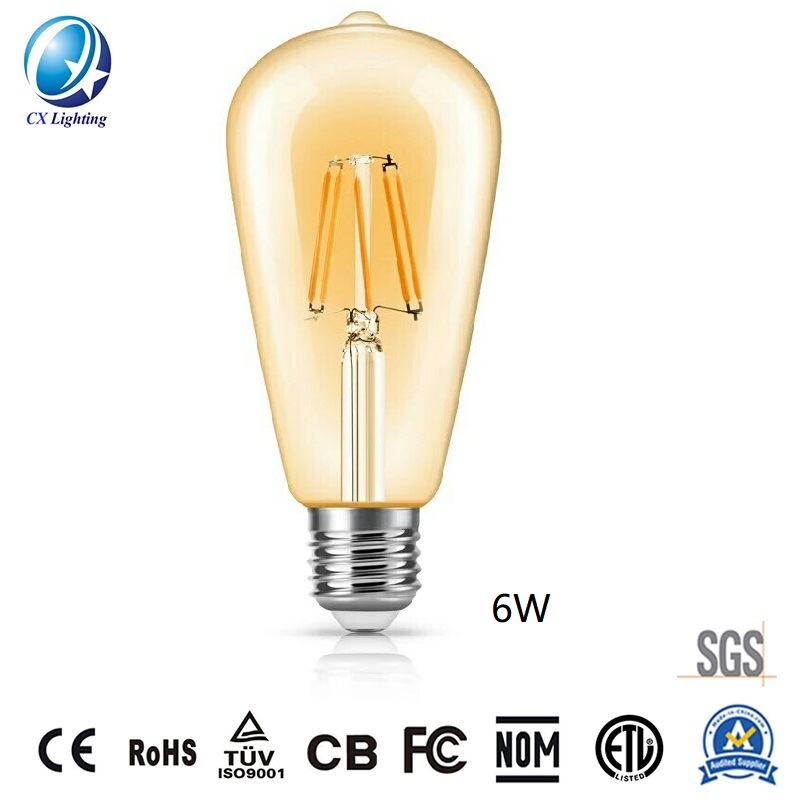 LED Filament Bulb St64 6W E27 B22 960lm Equal 100W Amber with Ce RoHS EMC LVD