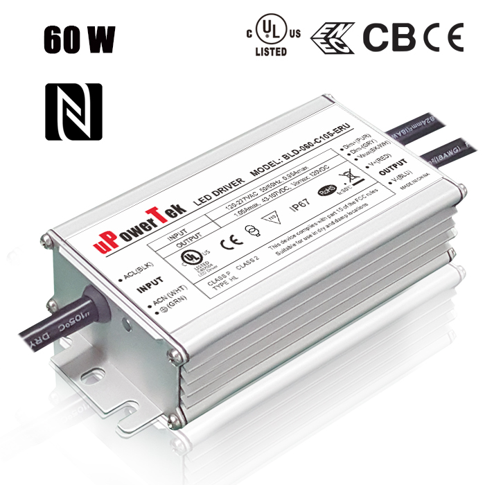 0-10V Dimmable IP67 Waterproof 60W LED Driver with 12V 300mA Auxiliary Power