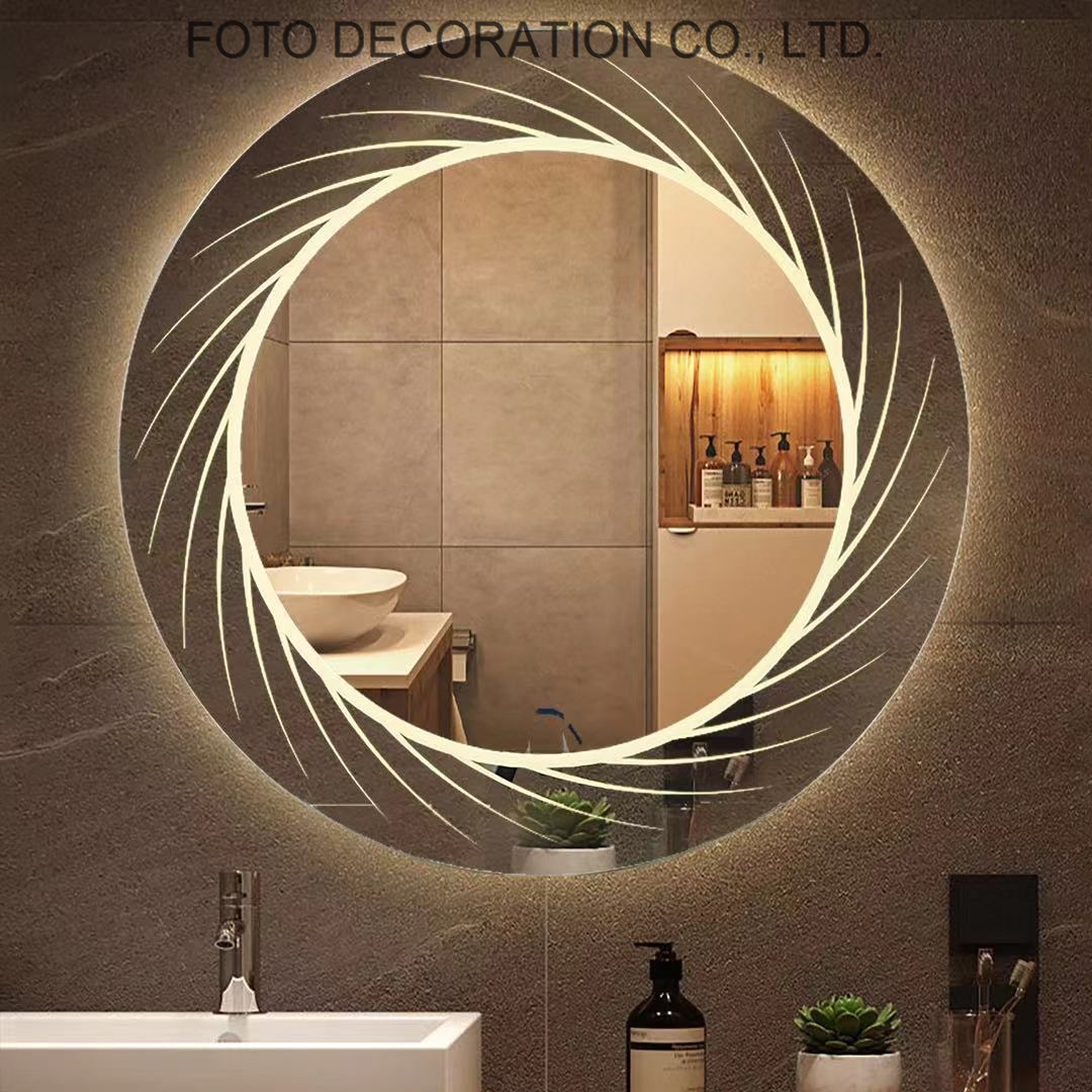 Decorative Round Style Waterproof 3000K Warm Light Smart Bathroom LED Backlit Mirror with Laser Patt