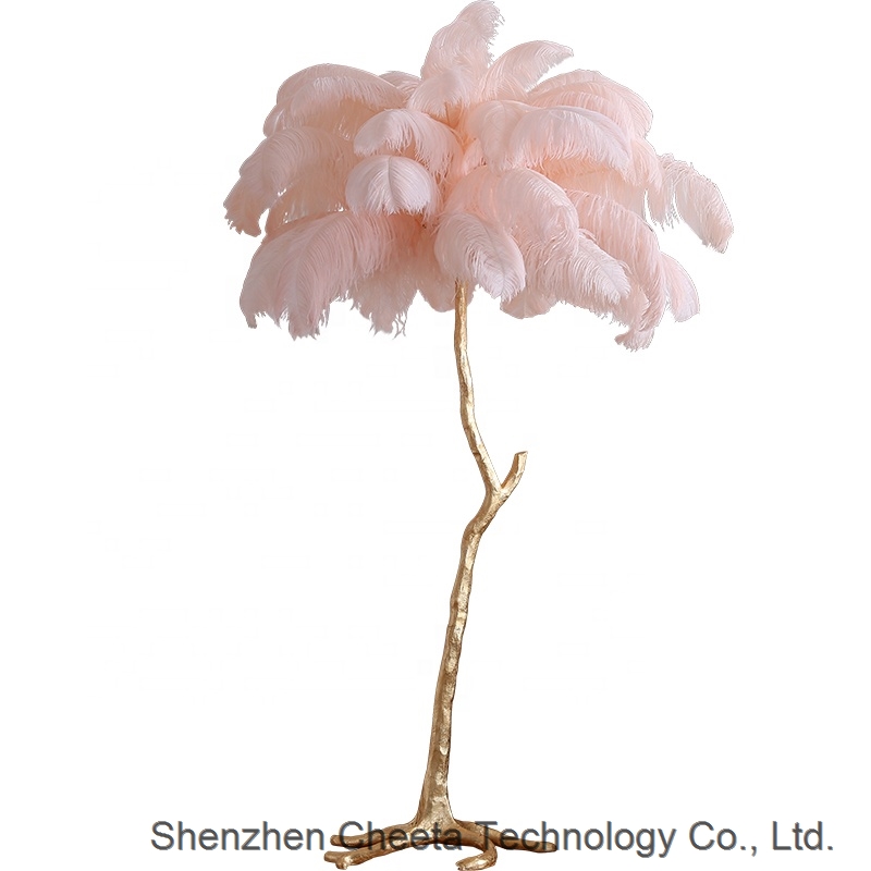 Hotel decoration designer modern palm tree stand copper ostrich floor lamp with feathers