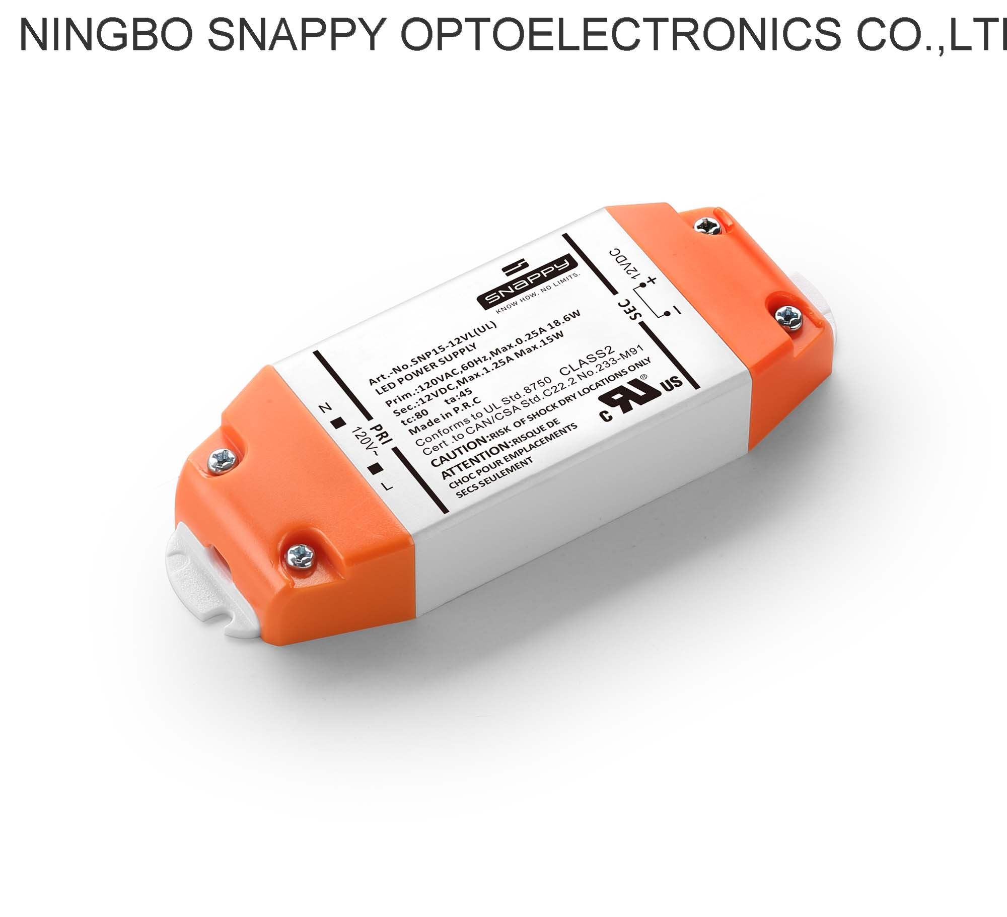 SNP15-12 24VL(UL) Input voltage 100-120VAC 15W 12V 24V IP20 Snappy LED DRIVER for strip lights