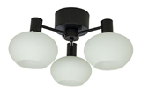 Bell metal ceiling lamp in black with 3 opal white smoke glasses on fixed arms.