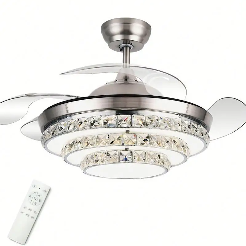 Crystal chandelier ceiling fans with led lights 42 inch 110v 220v remote control retractable style