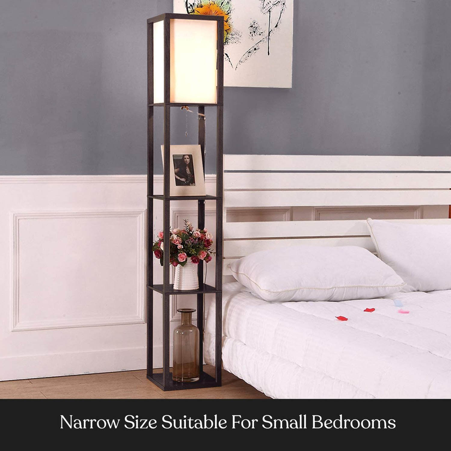 Floor lamp with wooden shelf