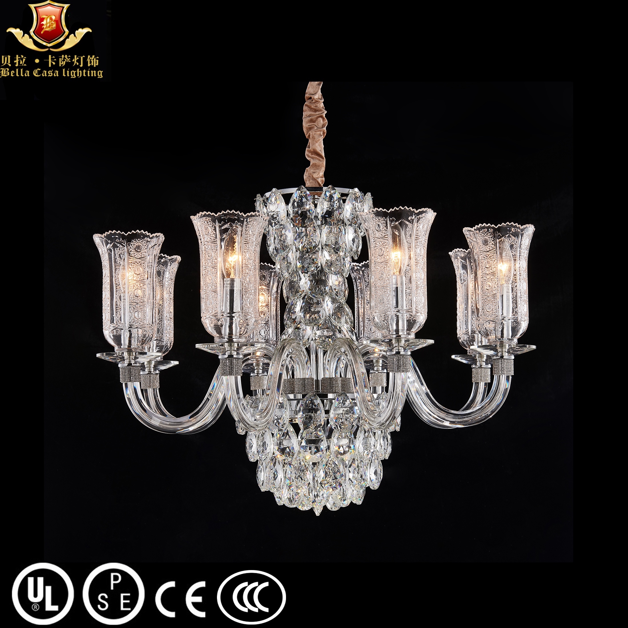 Latest Design Classical 6 Lights chrome lampshade clear crystal chandelier on sale Glass Pendant Lam