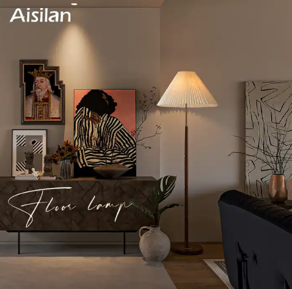 Aisilan Simple light luxury wood brass cylinder bedroom living room fishing LED floor lamp