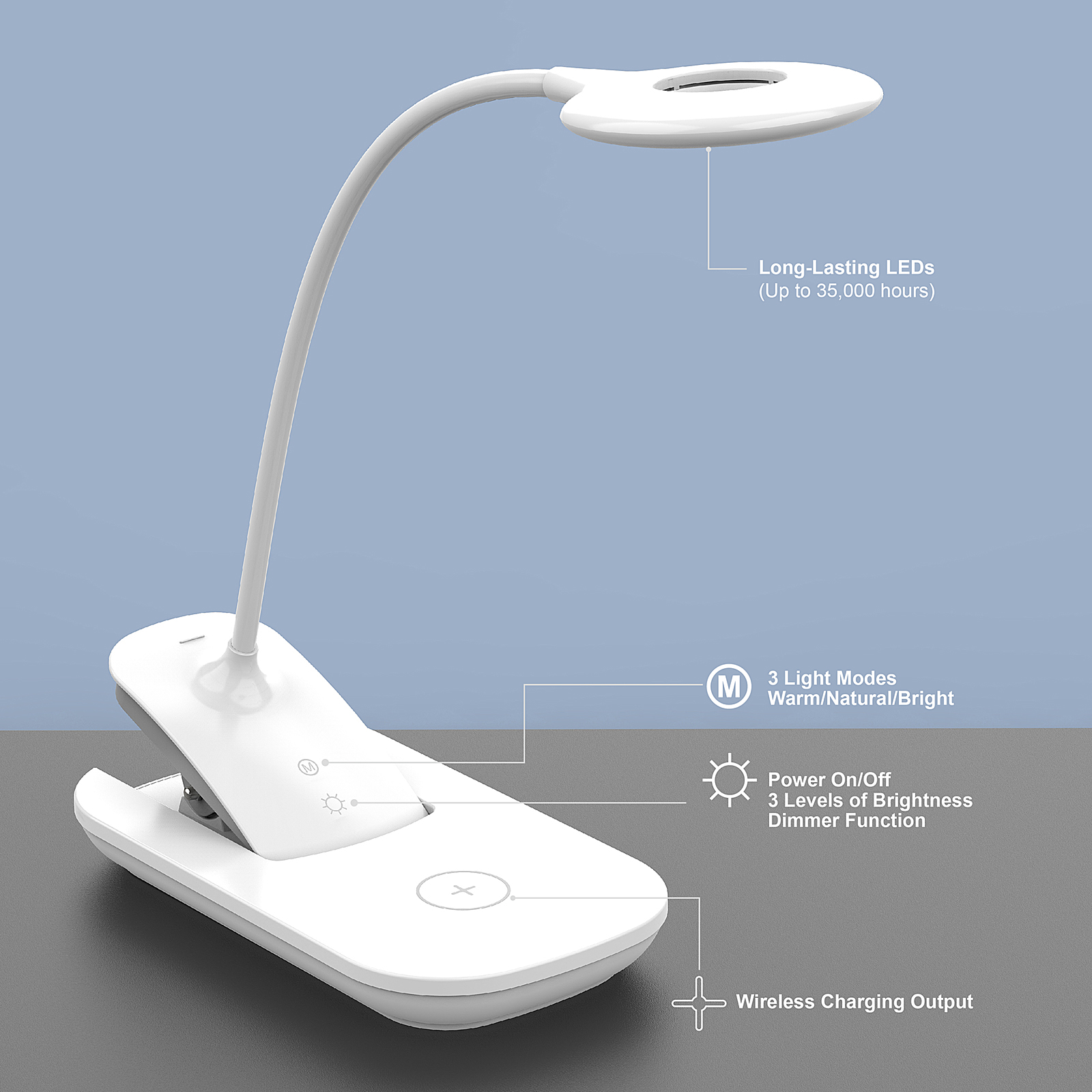 Rechargeable LED desk lamp with wireless charging base