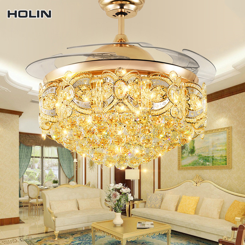 Luxury golden LED modern crystal ceiling fan with light
