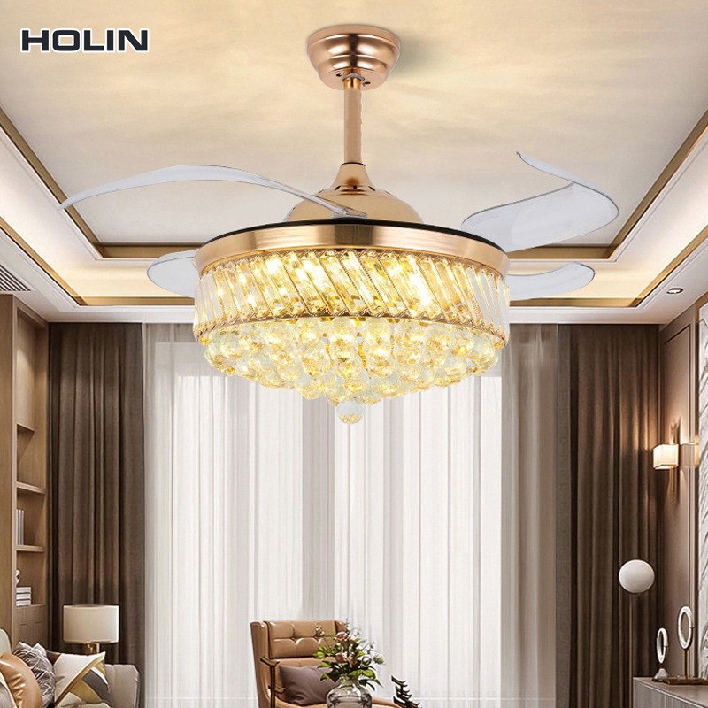 Bldc ceiling fan golden Crystal Invisible Ceiling Fan Light With Remote Control 3 Color Changes Led