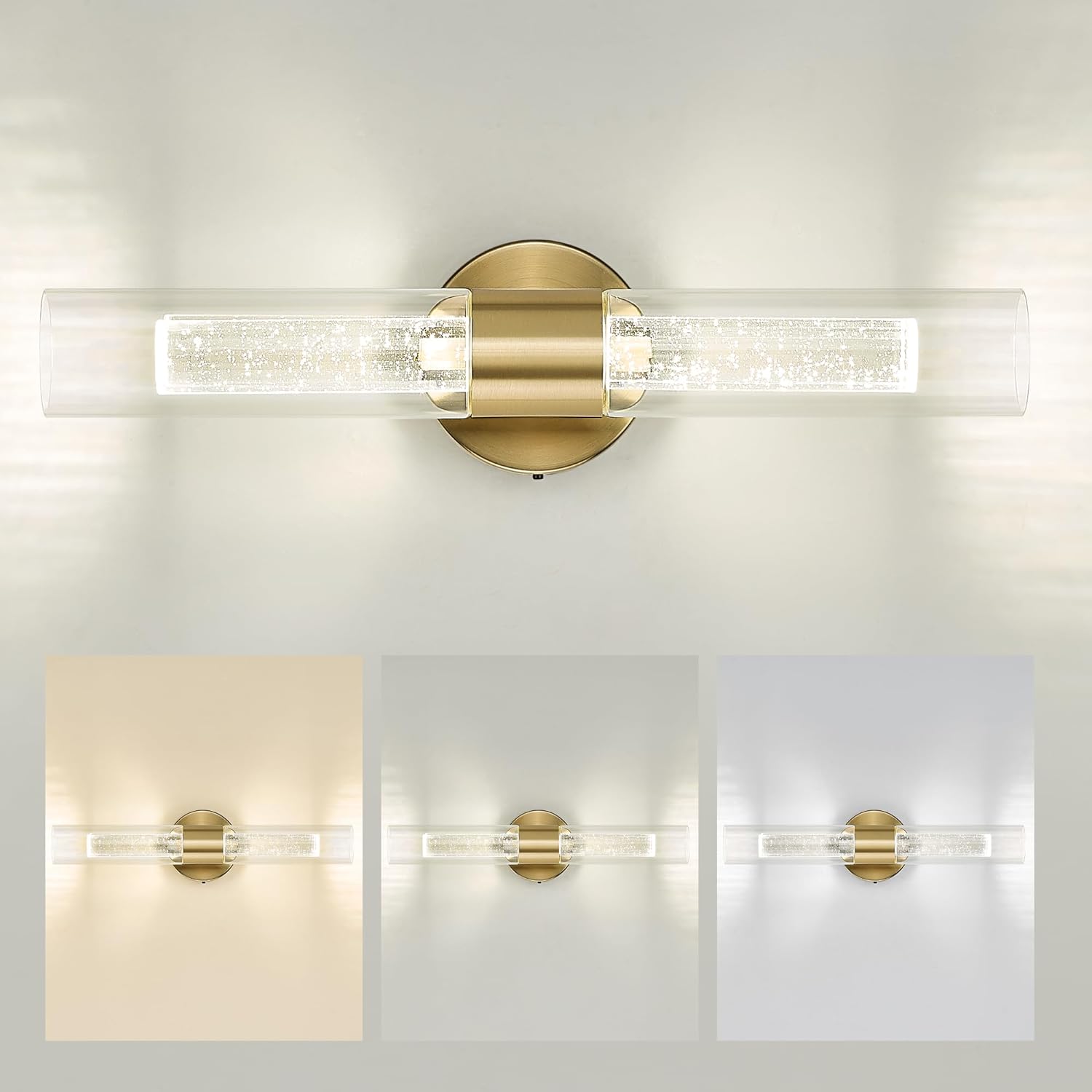 Modern Gold Wall Sconce Adjustable 3000K 4500K 6000K Crystal Bubble and Glass Bathroom Vanity Light
