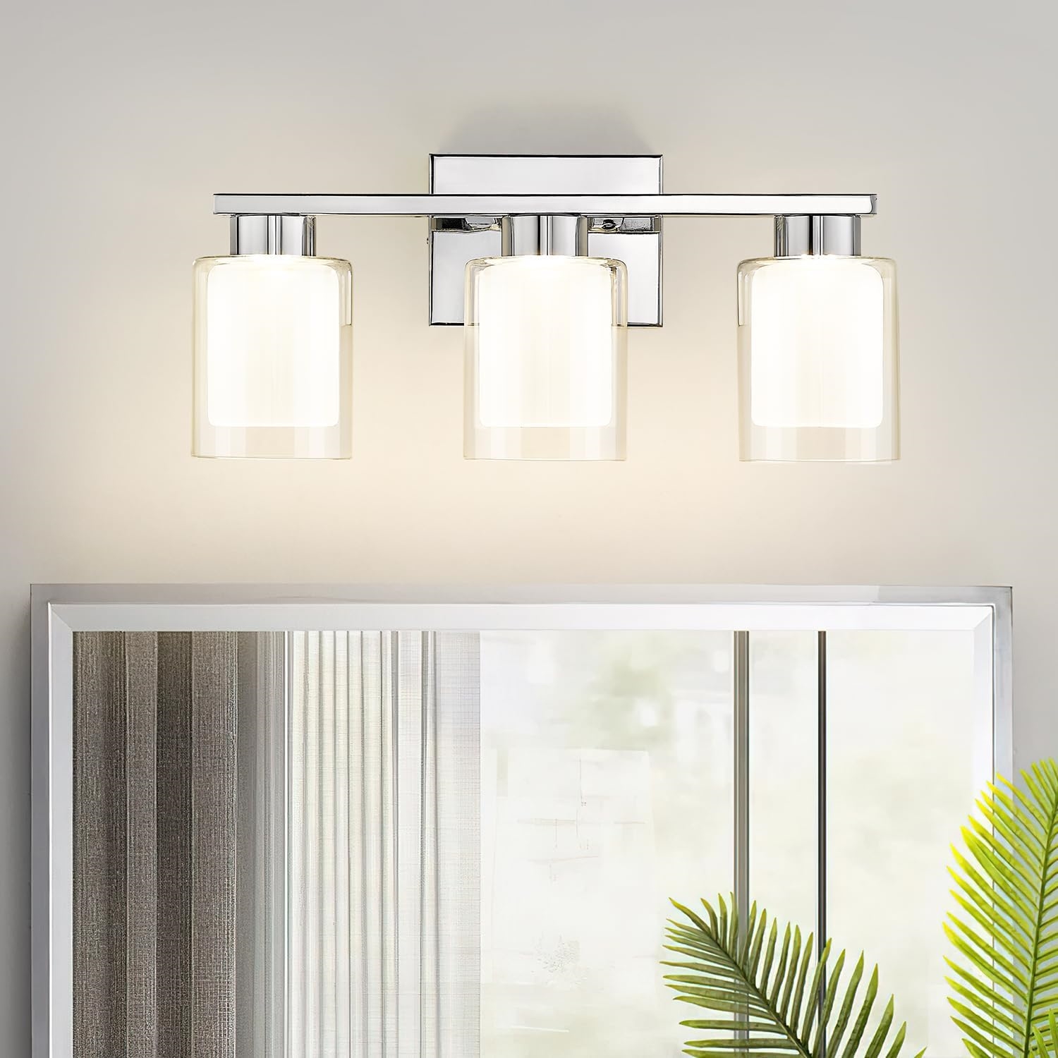 Modern Chrome 3-Light Bathroom Vanity Clear Glass and Frosted Glass 3CCT Adjustable LED Wall Light
