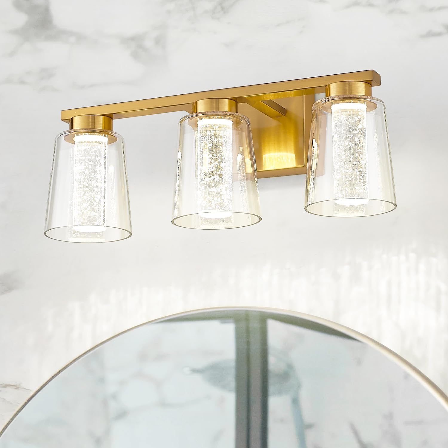 3CCT Dimmable Crystal Bubble and Glass Brushed Gold Vanity Lights for Mirror Bathroom LED Wall Light