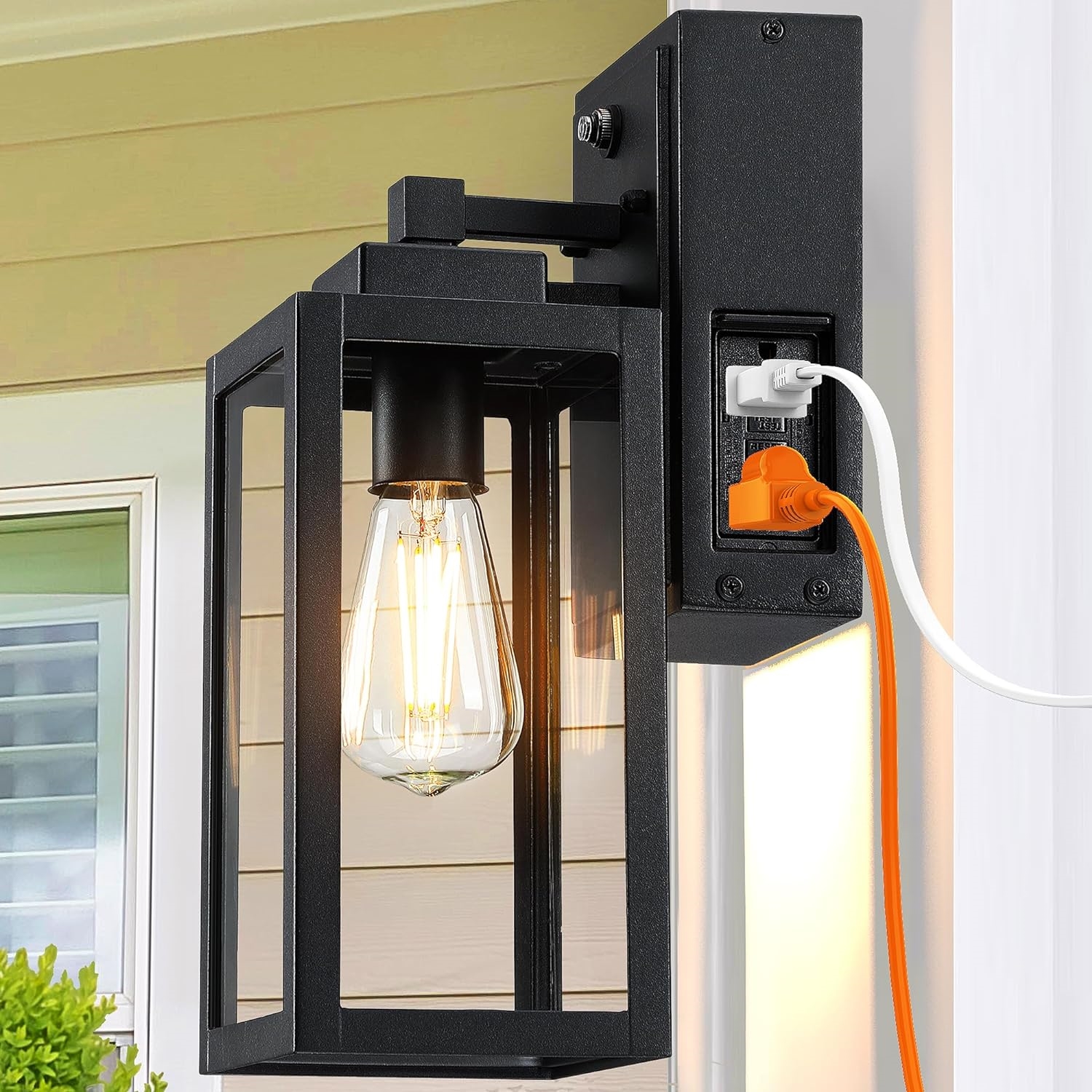 Dusk to Dawn Outdoor Porch Lights with 2 GFCI Outlets IP65 Waterproof Lantern Wall Sconce Light