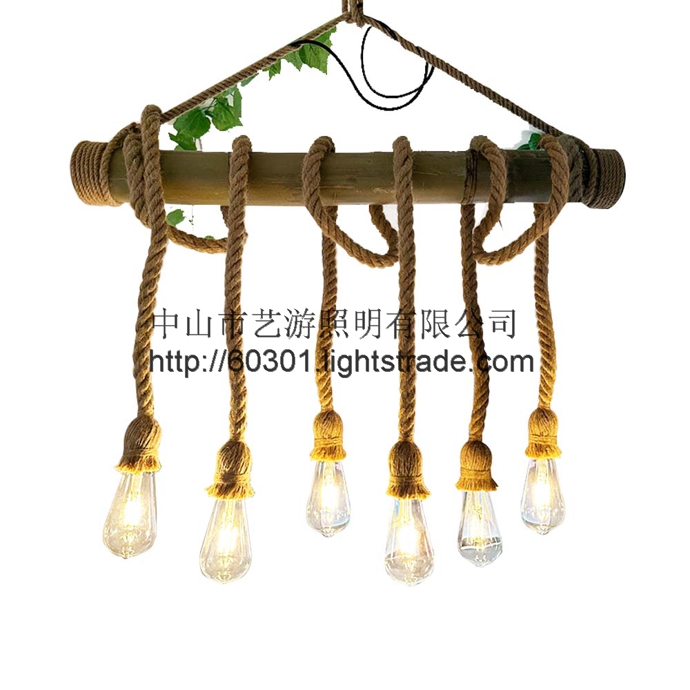 6 Heads Hemp Rope Pendant Light Vintage Bamboo Chandeliers Fixture Rustic