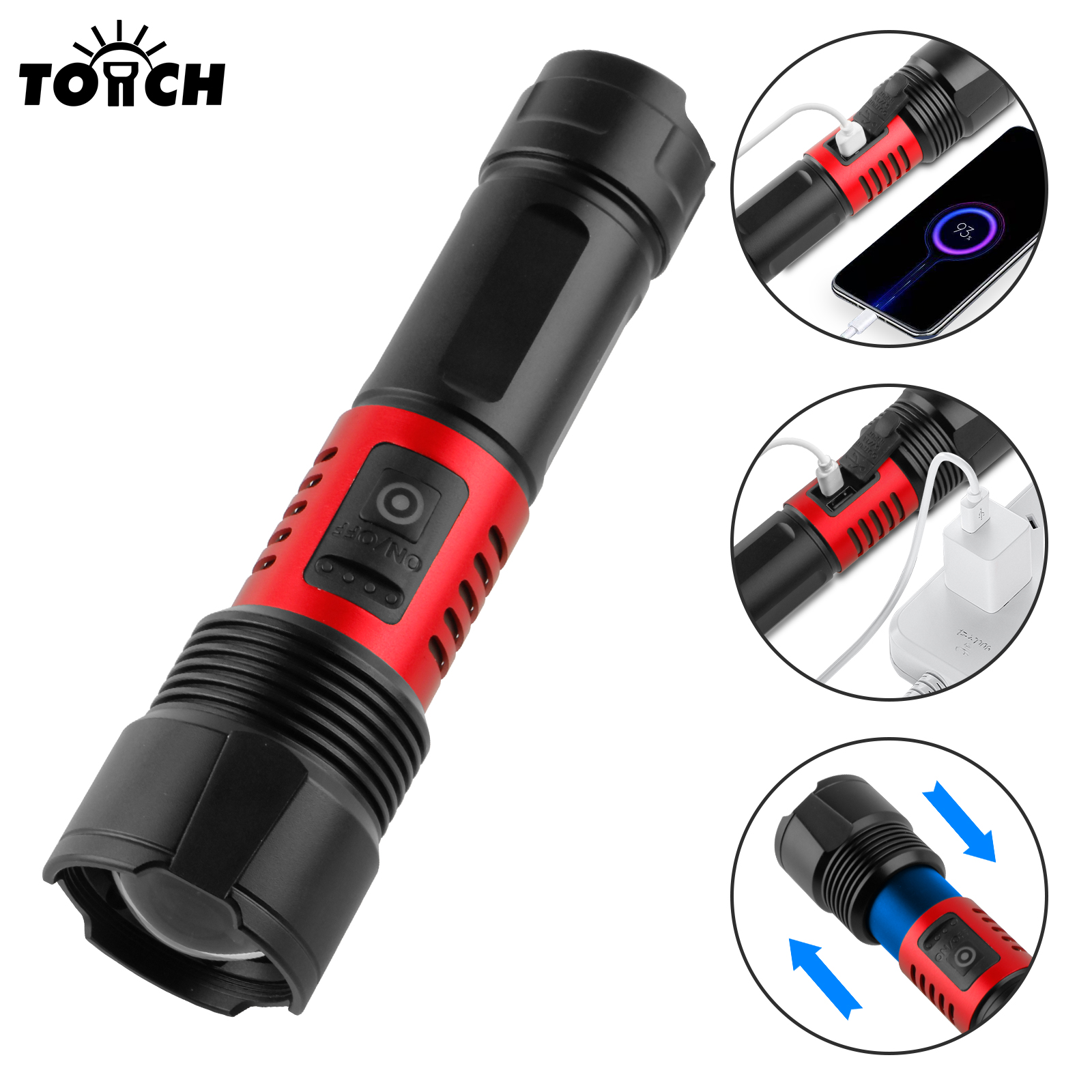 Zoomable Rechargeable LED Flashlight with Power Bank